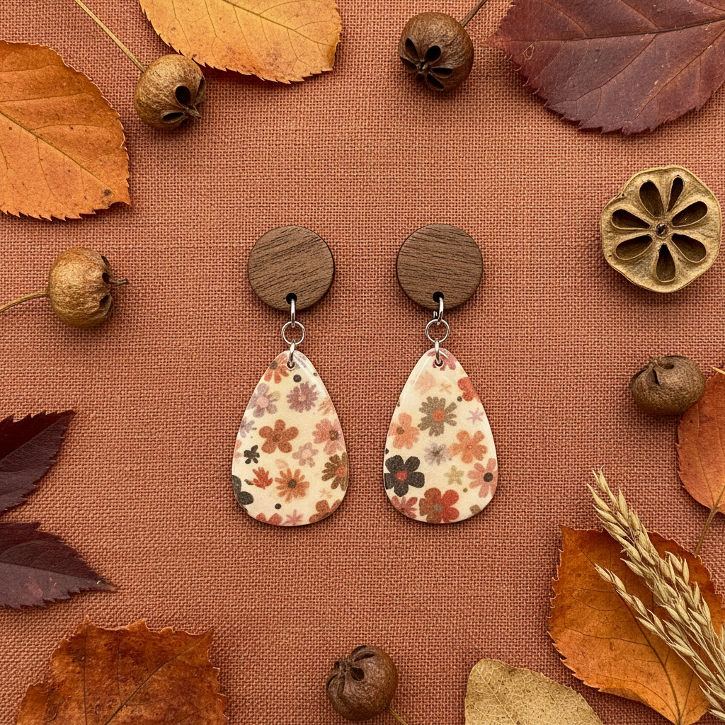Overhead flat lay of Crafty Larder Ditsy Daisy earrings on rust terracotta linen — round dark wood stud with large teardrop clay drop featuring bold retro daisy print in rust, dusty pink and mauve on cream