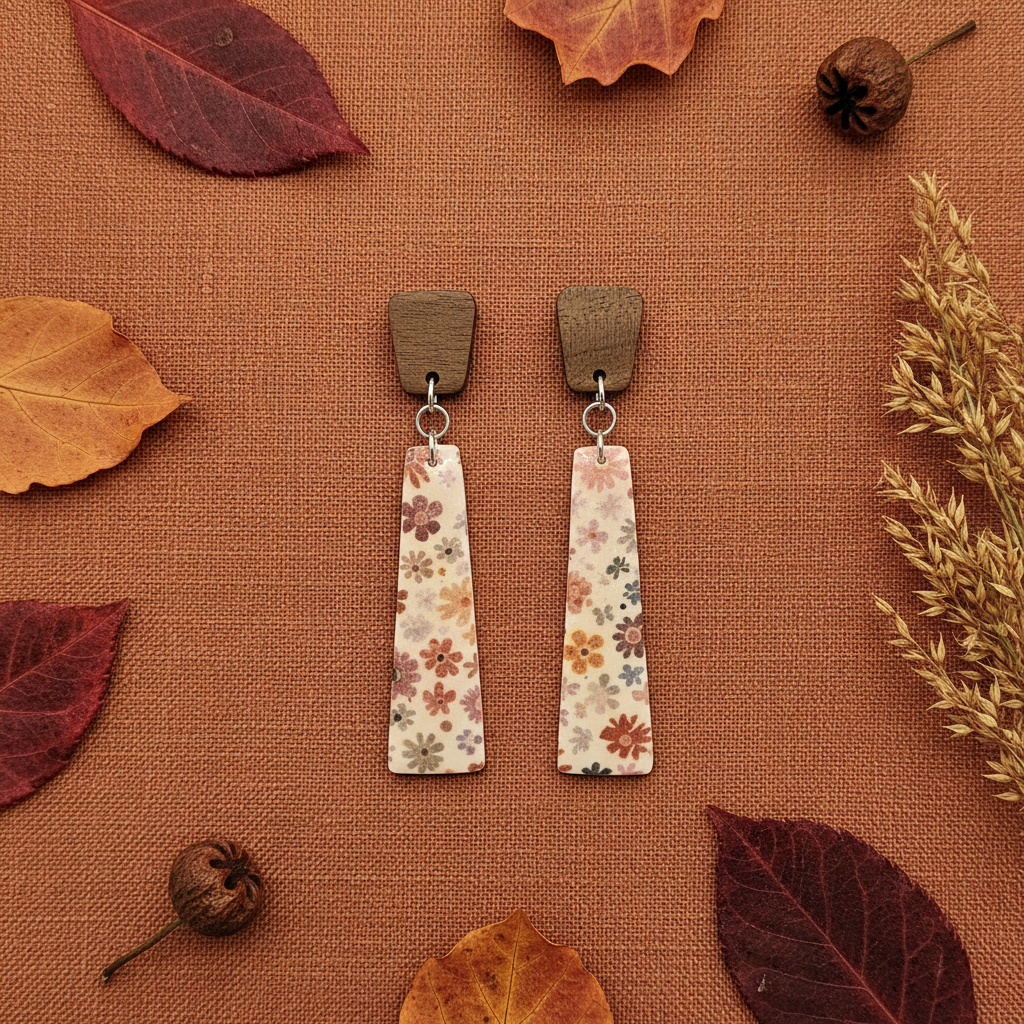 Overhead flat lay of Crafty Larder Ditsy Daisy earrings on rust terracotta linen — chunky rounded square dark wood stud with long slim trapezoid clay drop featuring bold retro daisy print in rust, dusty pink and mauve on cream