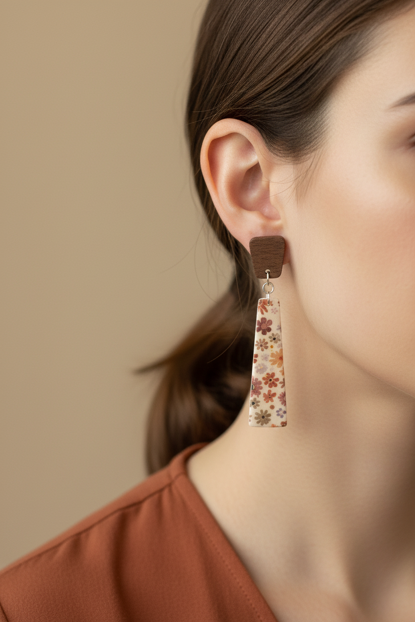 Close up of model wearing Crafty Larder Ditsy Daisy earrings — chunky rounded square dark wood stud with long slim trapezoid clay drop featuring bold retro daisy print in rust, dusty pink and mauve on cream