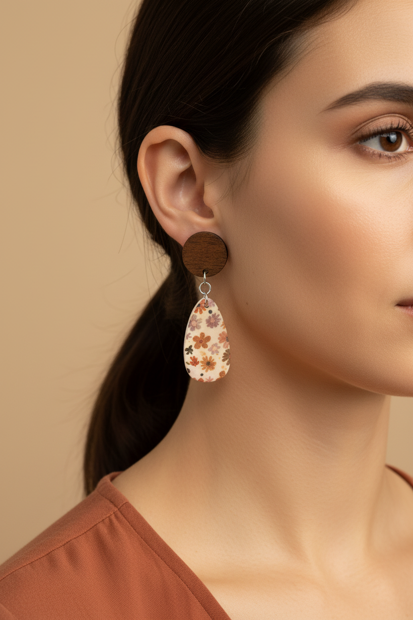 Close up of model wearing Crafty Larder Ditsy Daisy earrings — round dark wood stud with large teardrop clay drop featuring bold retro daisy print in rust, dusty pink and mauve on cream