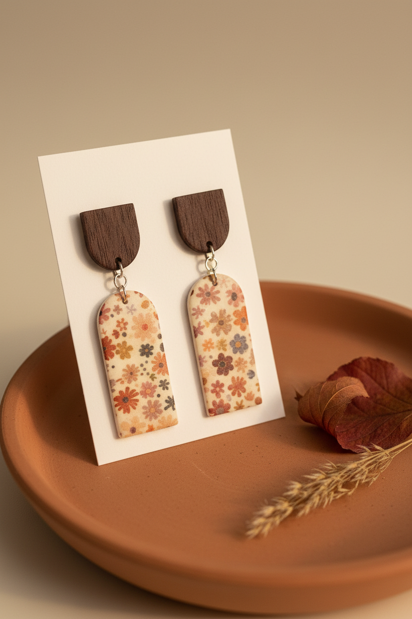 Handmade Ditsy Daisy earrings — dark wood arch stud with large arch/cathedral clay drop featuring bold retro daisy print in rust, dusty pink and mauve on cream, on white jewellery card propped on terracotta surface