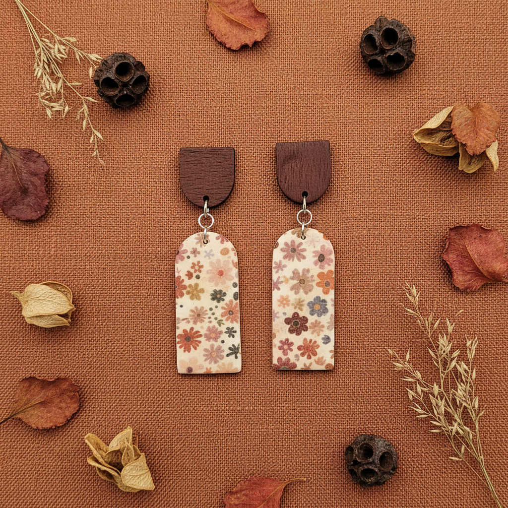 Overhead flat lay of Crafty Larder Ditsy Daisy earrings on rust terracotta linen — dark wood arch stud with large arch/cathedral clay drop featuring bold retro daisy print in rust, dusty pink and mauve on cream