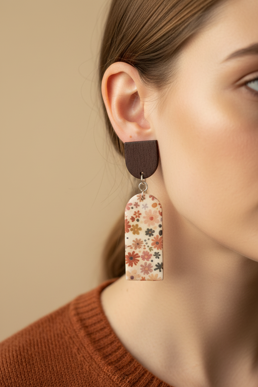 Close up of model wearing Crafty Larder Ditsy Daisy earrings — dark wood arch stud with large arch/cathedral clay drop featuring bold retro daisy print in rust, dusty pink and mauve on cream