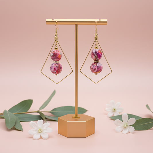  "Handmade polymer clay double marble bead frame earrings with pink coral purple stacked beads inside gold diamond frames"