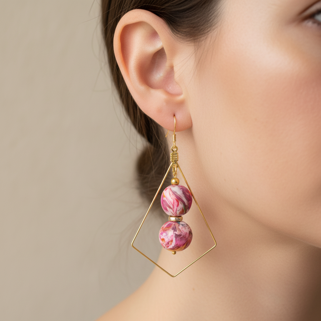  "Handmade polymer clay double marble bead frame earrings with pink coral purple stacked beads inside gold diamond frames"
