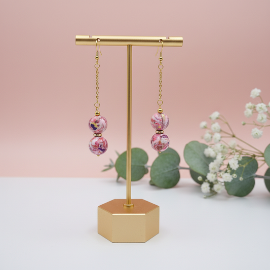  "Handmade polymer clay double marble chain drop earrings with pink coral purple stacked round beads and gold chain"