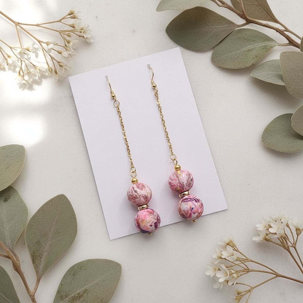  "Handmade polymer clay double marble chain drop earrings with pink coral purple stacked round beads and gold chain"