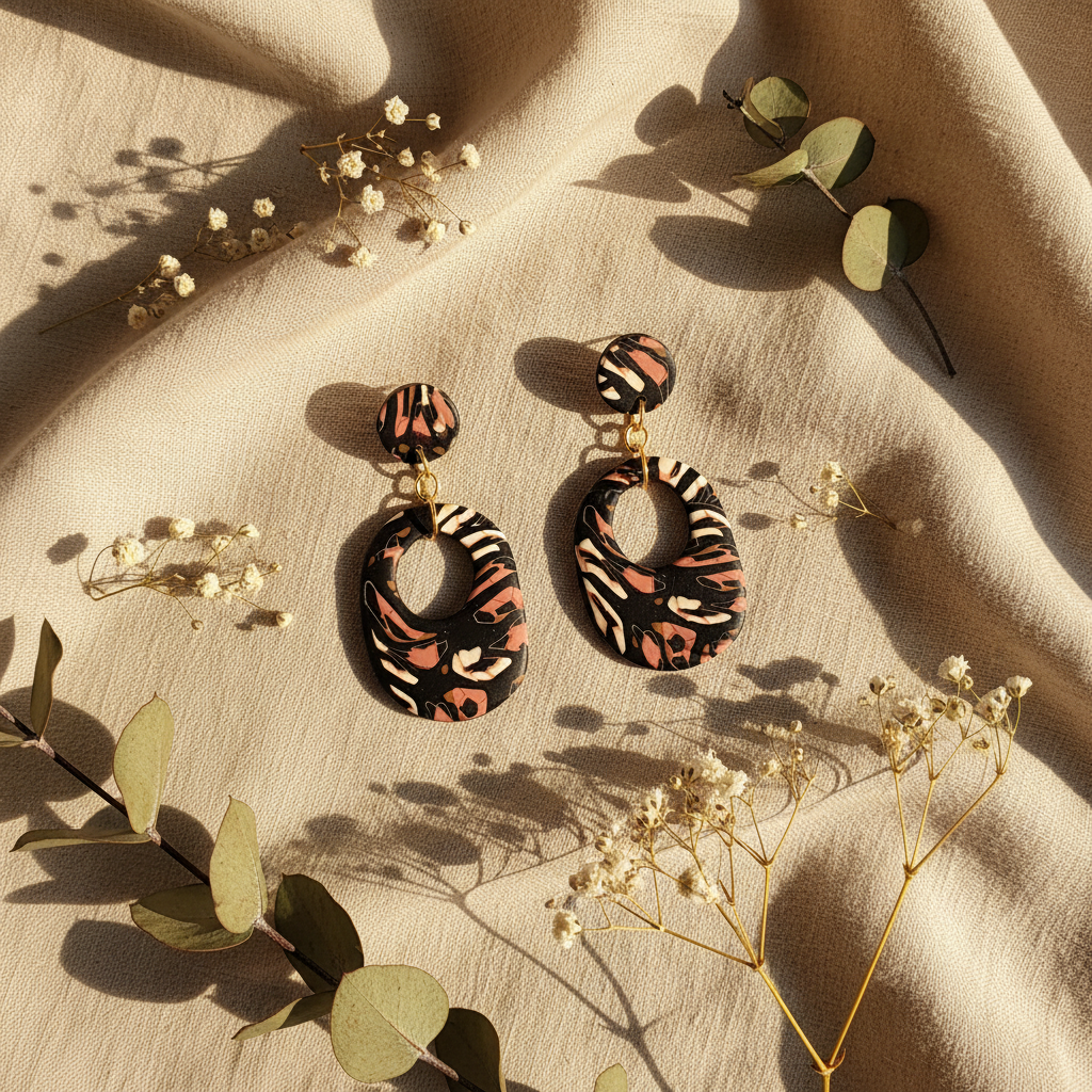 Handmade polymer clay statement earrings with leopard print cutout design on natural linen - Crafty Larder jewelry
