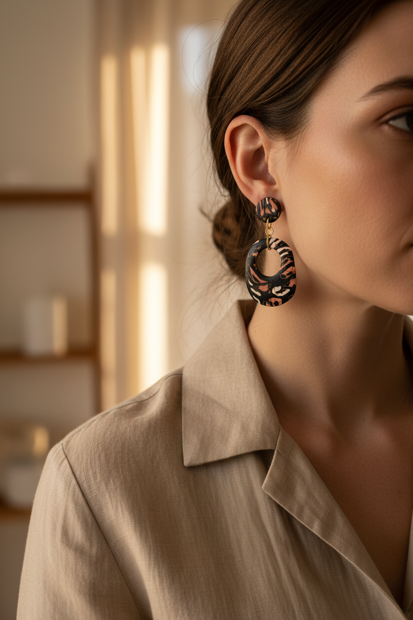 Woman wearing Wild Nights cutout earrings - handmade polymer clay animal print statement earrings with gold details
