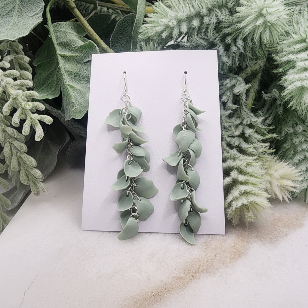  "Handmade polymer clay eucalyptus leaf dangle earrings with cascading blue-green eucalyptus leaves connected by delicate silver chains"