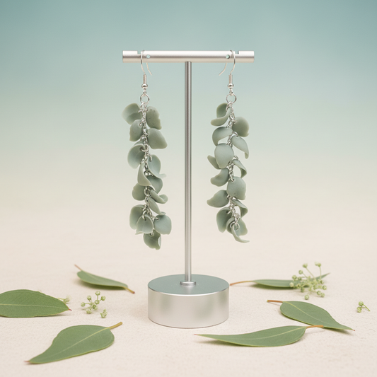  "Handmade polymer clay eucalyptus leaf dangle earrings with cascading blue-green eucalyptus leaves connected by delicate silver chains"