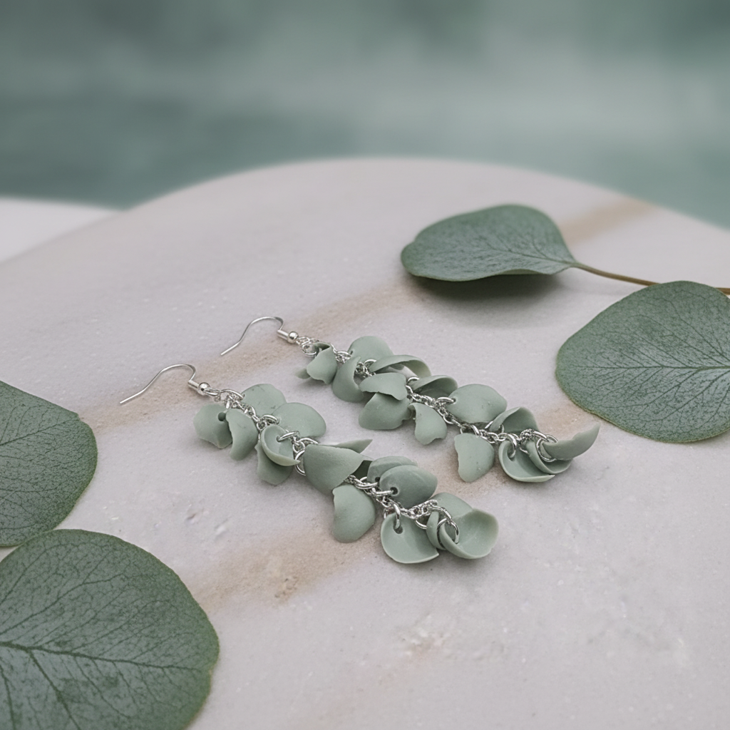  "Handmade polymer clay eucalyptus leaf dangle earrings with cascading blue-green eucalyptus leaves connected by delicate silver chains"