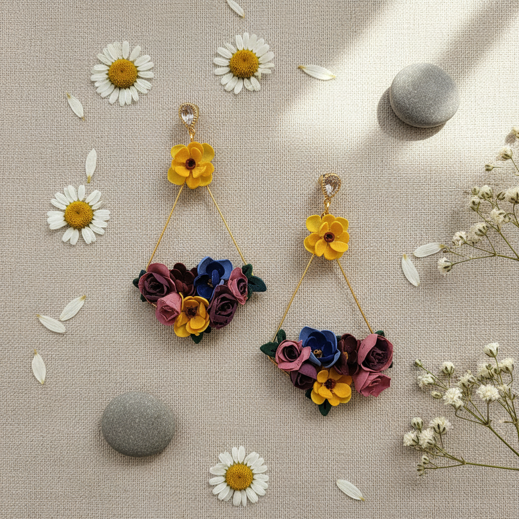 Flat lay of handmade polymer clay triangle earrings with yellow flowers on neutral linen with daisies and natural props