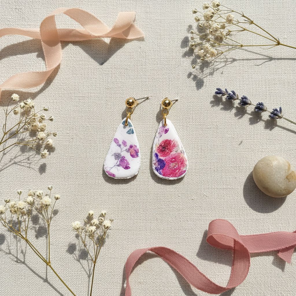 Flat lay of Garden Mismatched Drops with complementary dried flowers and natural styling on neutral surface