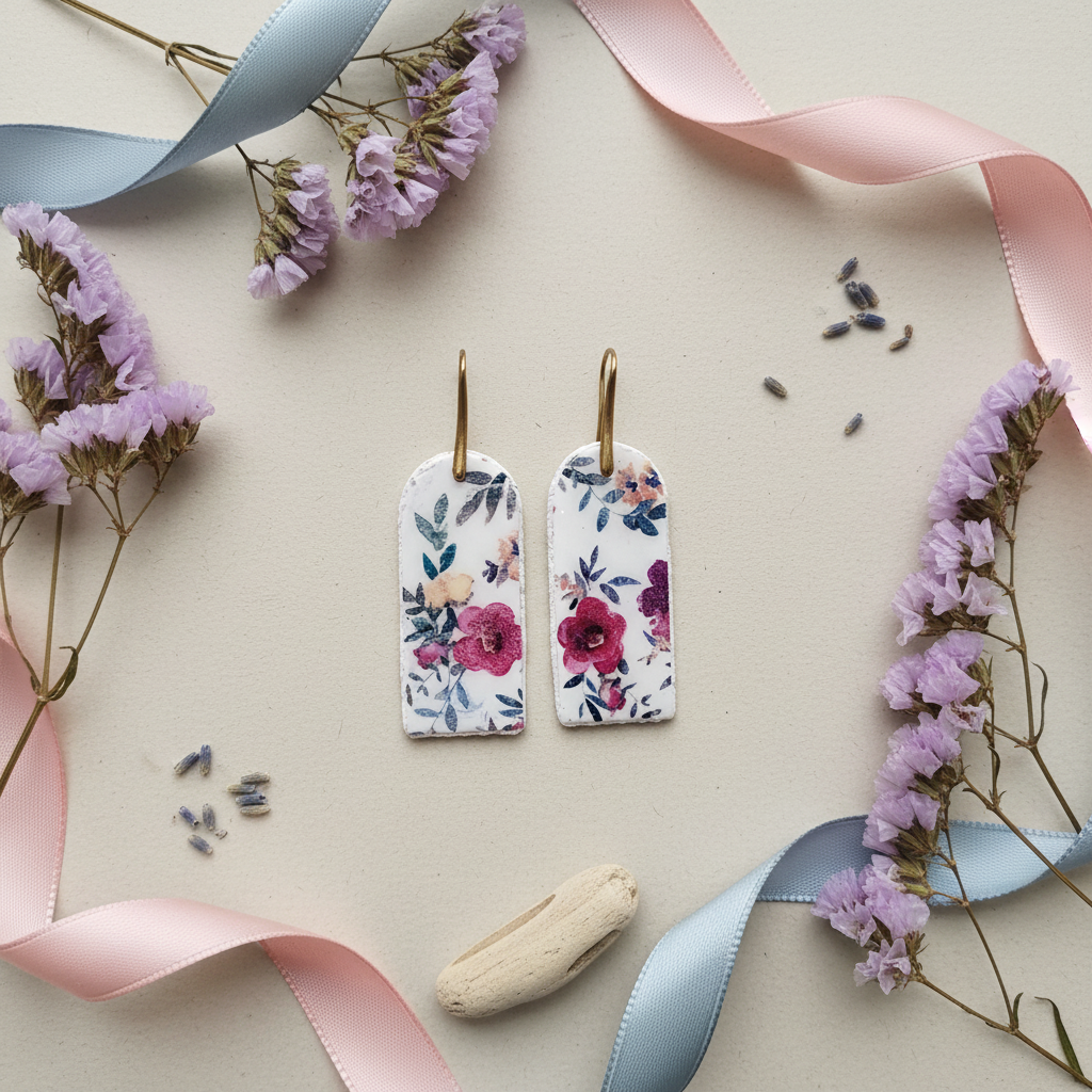 Flat lay of Garden Block Earrings with dried lavender, pink and blue ribbons, and driftwood on neutral surface