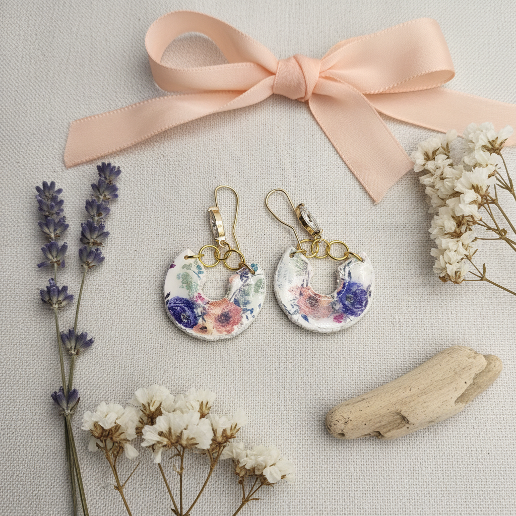 Flat lay of Garden Crystal Crescents with dried lavender, baby's breath, peach ribbon and driftwood on neutral linen surface
