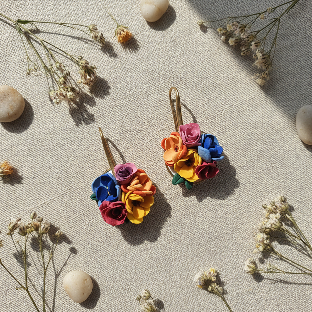 Flat lay of handmade polymer clay floral cluster earrings on neutral linen surface