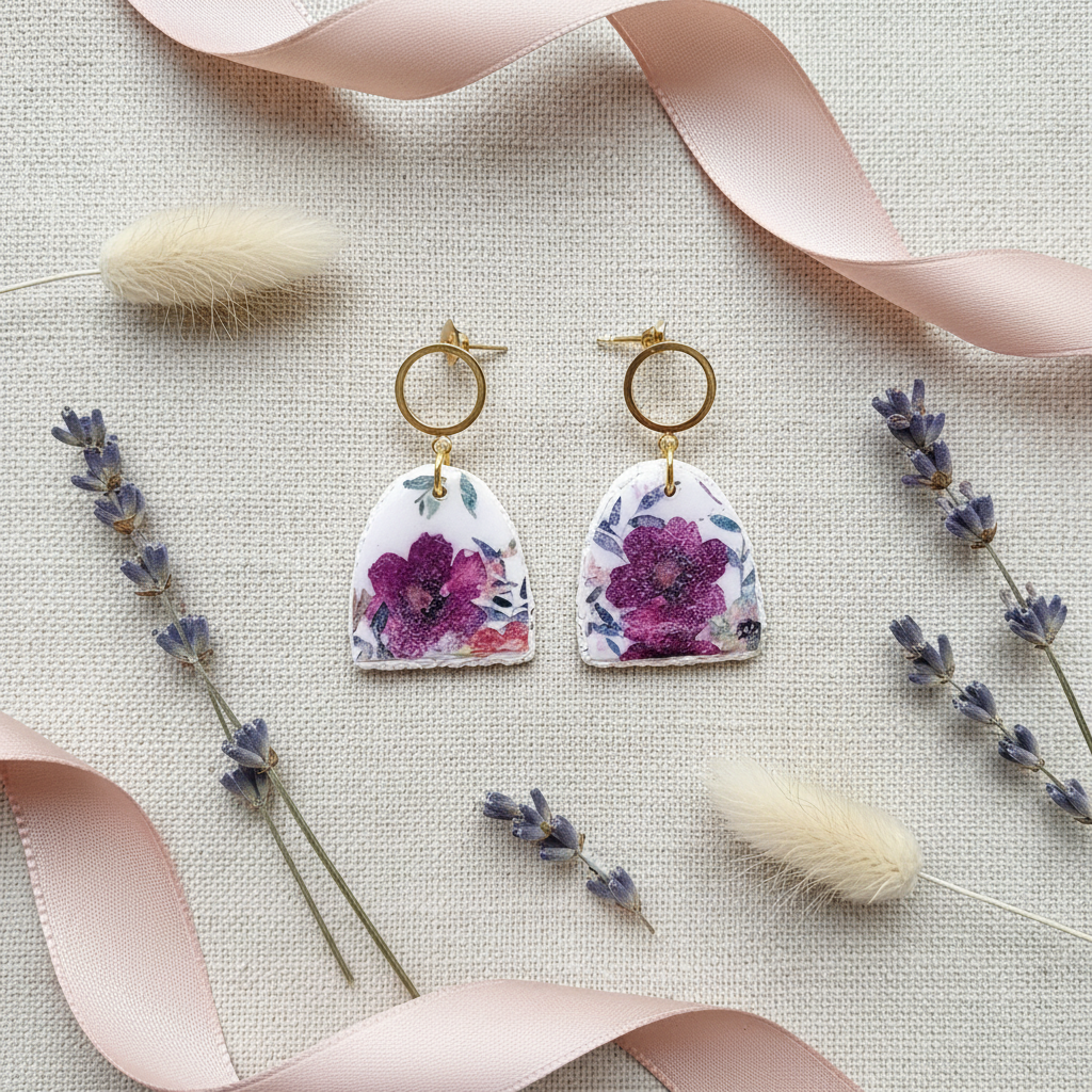 Flat lay of Garden Arch Dangles with dried lavender, bunny tails, and blush pink ribbon on neutral linen surface