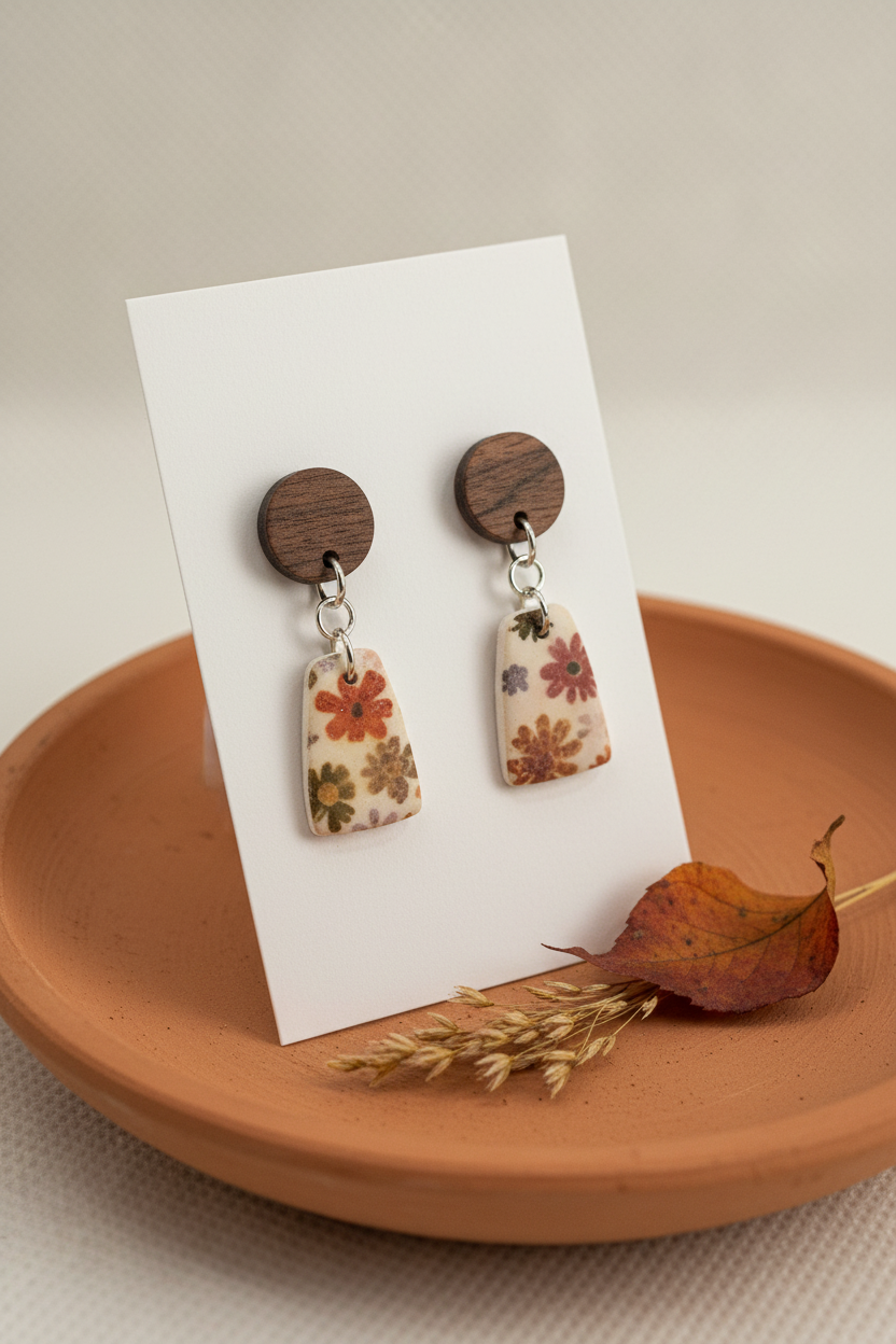 Handmade Ditsy Daisy earrings — round dark wood stud with small trapezoid clay drop featuring bold retro daisy print in rust, olive and mauve on cream, stainless steel findings, on white jewellery card propped on terracotta surface with dried autumn leaf