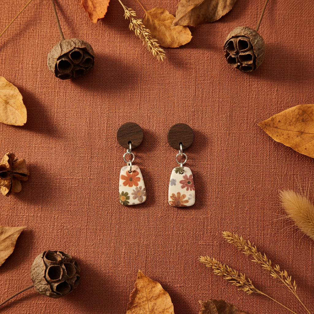 Overhead flat lay of Crafty Larder Ditsy Daisy earrings on rust terracotta linen with dried autumn leaves — round dark wood stud with small trapezoid clay drop featuring bold retro daisy print in rust, olive and mauve on cream