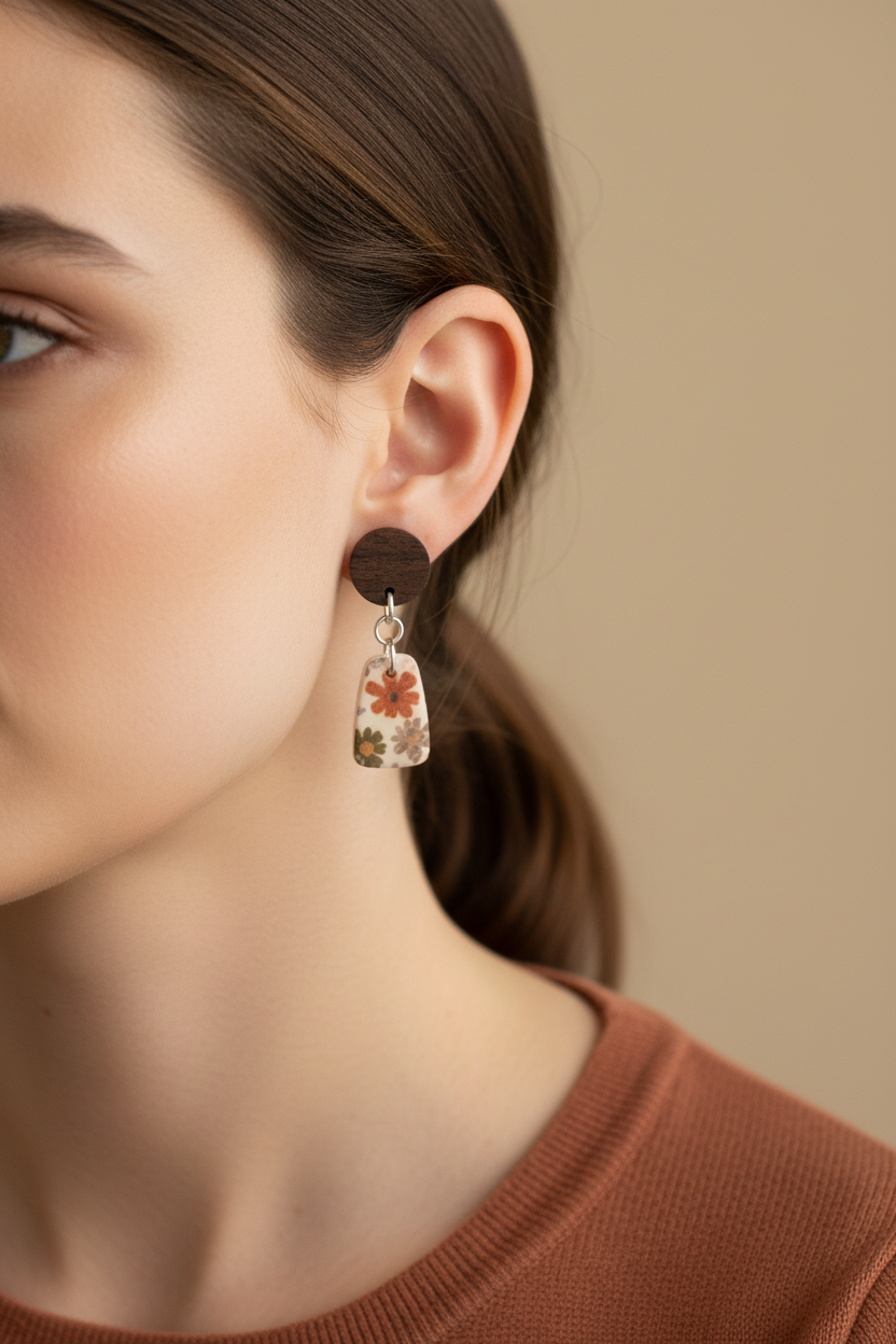 Close up of model wearing Crafty Larder Ditsy Daisy earrings — round dark wood stud with small trapezoid clay drop featuring bold retro daisy print in rust, olive and mauve on cream, hair tucked back showing earring on lobe