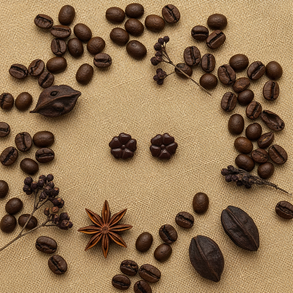 Blossom Studs in French Roast flat lay with coffee beans, star anise and dark dried botanicals on warm linen, handmade polymer clay earrings from Crafty Larder's Harvest & Dusk Collection