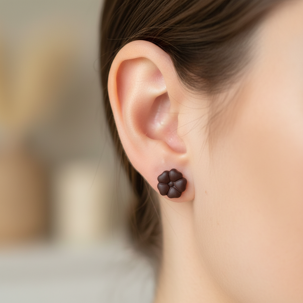 Woman wearing Blossom Studs in French Roast, deep espresso dark brown polymer clay 5-petal flower studs, handcrafted in New Zealand by Crafty Larder