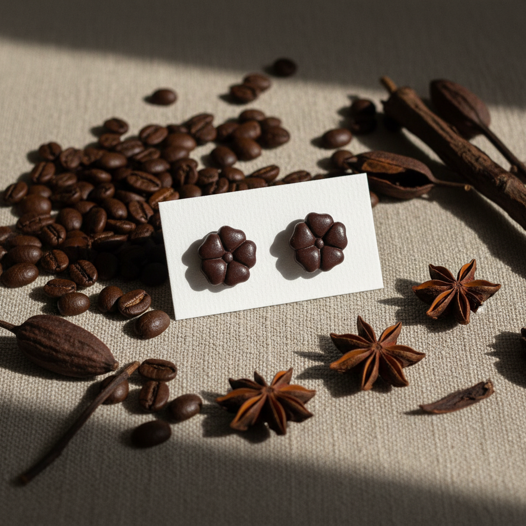 Blossom Studs in French Roast — handmade polymer clay 5-petal flower stud earrings, displayed on white card with rich espresso and dark botanical styling, handcrafted in New Zealand by Crafty Larder