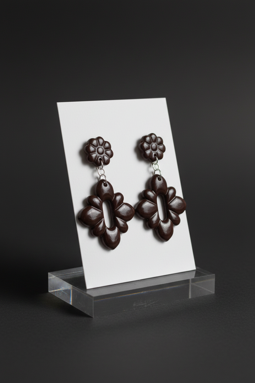 Handmade polymer clay Gerbera Drop Earrings in French Roast — deep espresso brown gerbera flower stud top with quatrefoil drop, displayed on a plain white jewellery card on a clear acrylic stand