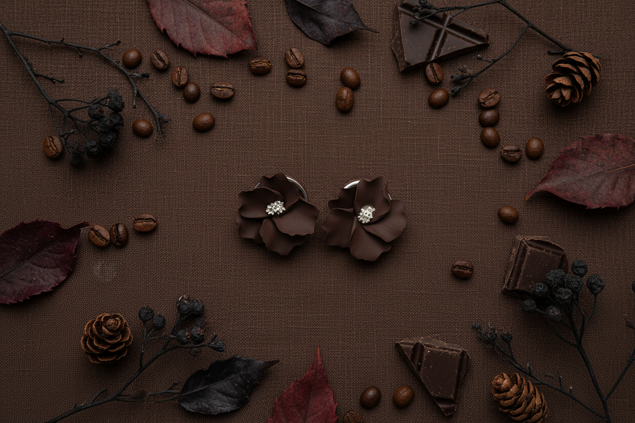 Autumn Petal Studs in French Roast flat lay with coffee beans and dark autumn leaves on dark linen, handmade polymer clay earrings from Crafty Larder's Harvest & Dusk Collection