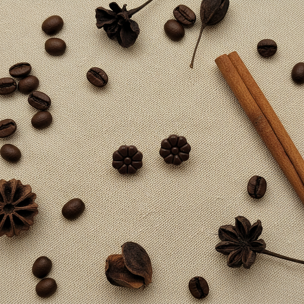 Dahlia Studs in French Roast flat lay with coffee beans and cinnamon on warm linen, handmade polymer clay earrings from Crafty Larder's Harvest & Dusk Collection