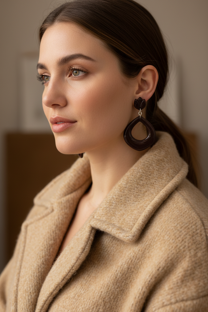 Model wearing Crafty Larder Tulip Loop Earrings in French Roast — handmade polymer clay dangle earrings in deep espresso brown, styled with a cosy autumn winter knit