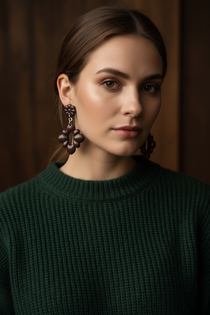Model wearing Crafty Larder Gerbera Drop Earrings in French Roast — handmade polymer clay dangle earrings in deep espresso brown, styled with a rich dark autumn winter outfit