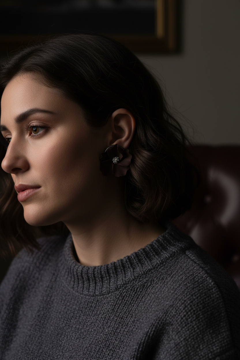 Woman wearing Autumn Petal Studs in French Roast espresso brown, large polymer clay floral studs with silver centre, handcrafted in New Zealand