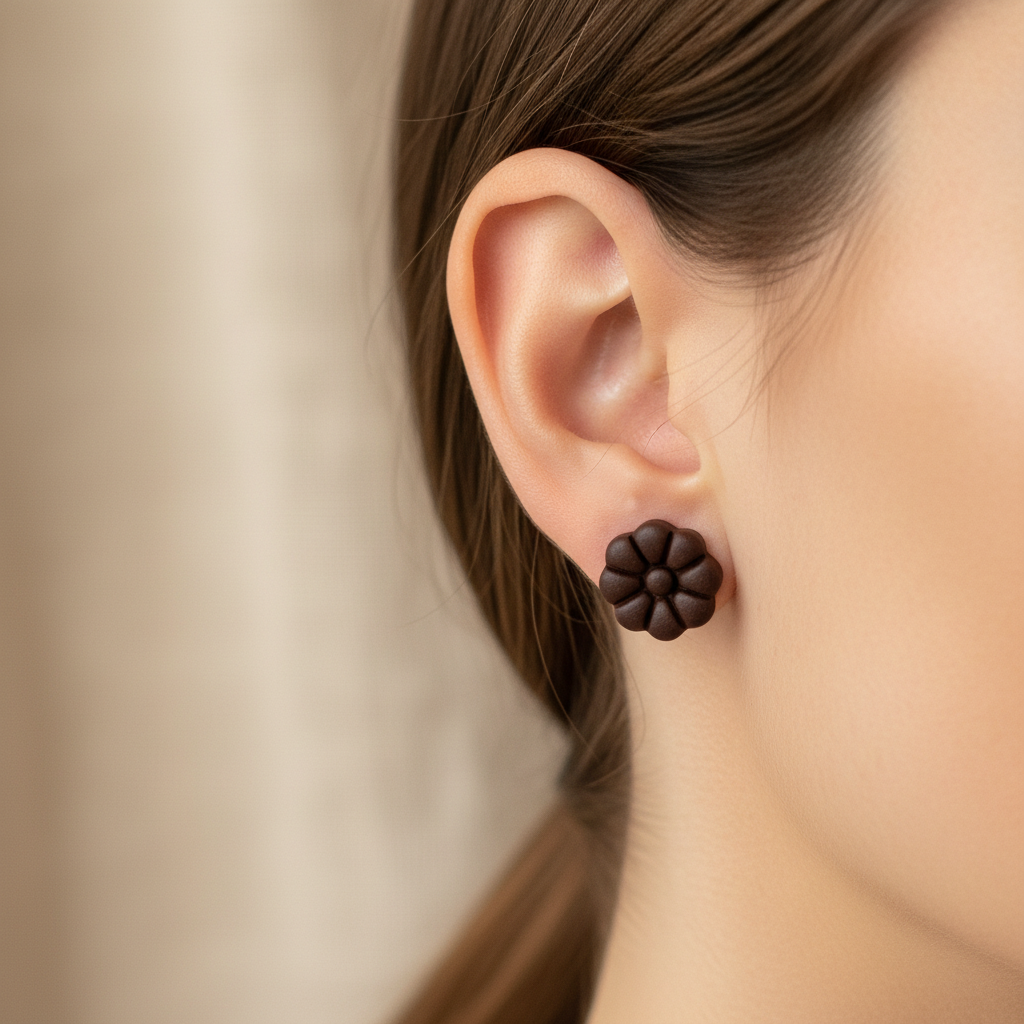 Woman wearing Dahlia Studs in French Roast, deep espresso brown polymer clay 8-petal dahlia flower studs, handcrafted in New Zealand by Crafty Larder