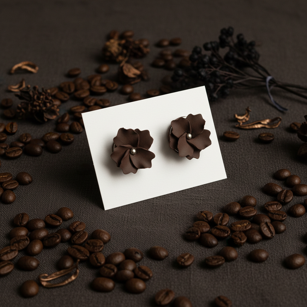 Autumn Petal Studs in French Roast — handmade polymer clay floral stud earrings with silver stamen, displayed on white card with coffee bean and dark botanical styling