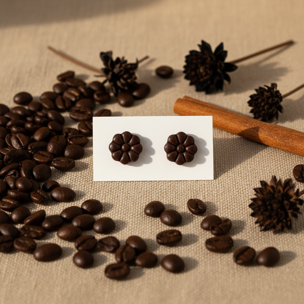 Dahlia Studs in French Roast — handmade polymer clay 8-petal dahlia flower stud earrings, displayed on white card with rich coffee botanical styling, handcrafted in New Zealand by Crafty Larder