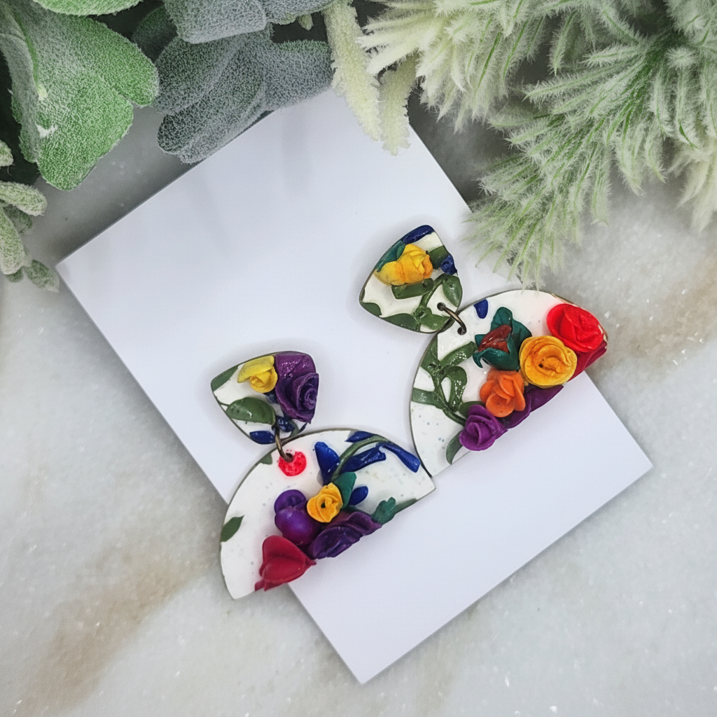  "Handmade polymer clay half bloom floral stud dangle earrings with white half-circles decorated with colorful 3D roses and green leaves"
