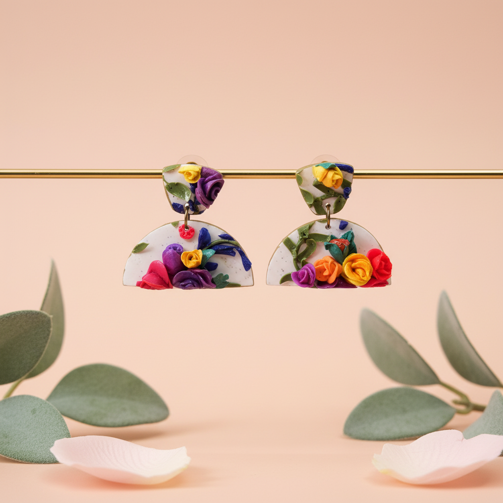  "Handmade polymer clay half bloom floral stud dangle earrings with white half-circles decorated with colorful 3D roses and green leaves"