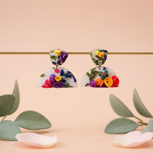  "Handmade polymer clay half bloom floral stud dangle earrings with white half-circles decorated with colorful 3D roses and green leaves"