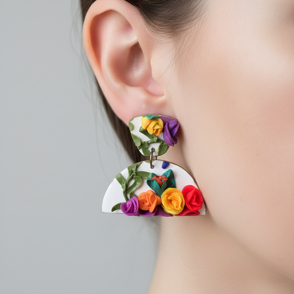  "Handmade polymer clay half bloom floral stud dangle earrings with white half-circles decorated with colorful 3D roses and green leaves"