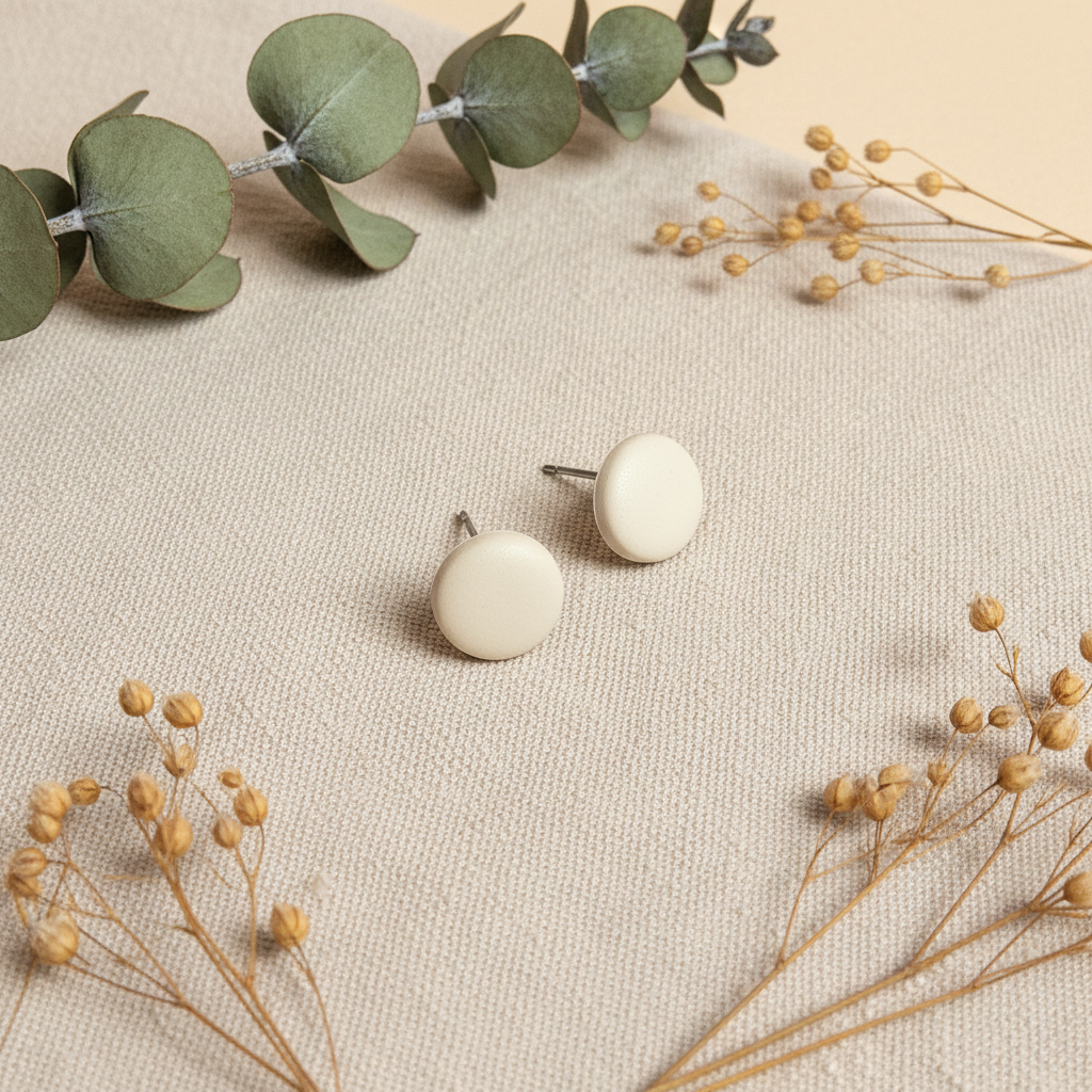 "Handmade polymer clay half cream stud earrings in soft beige matte finish"