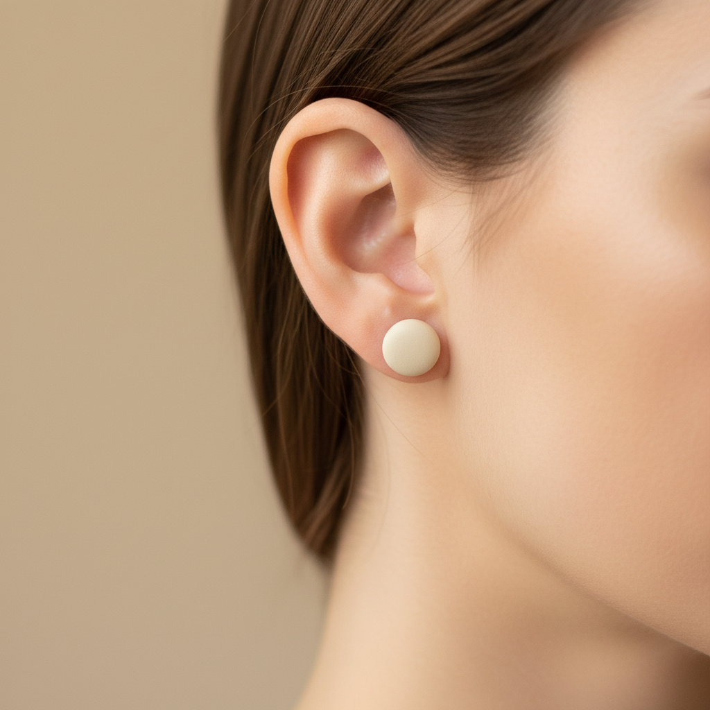 "Handmade polymer clay half cream stud earrings in soft beige matte finish"