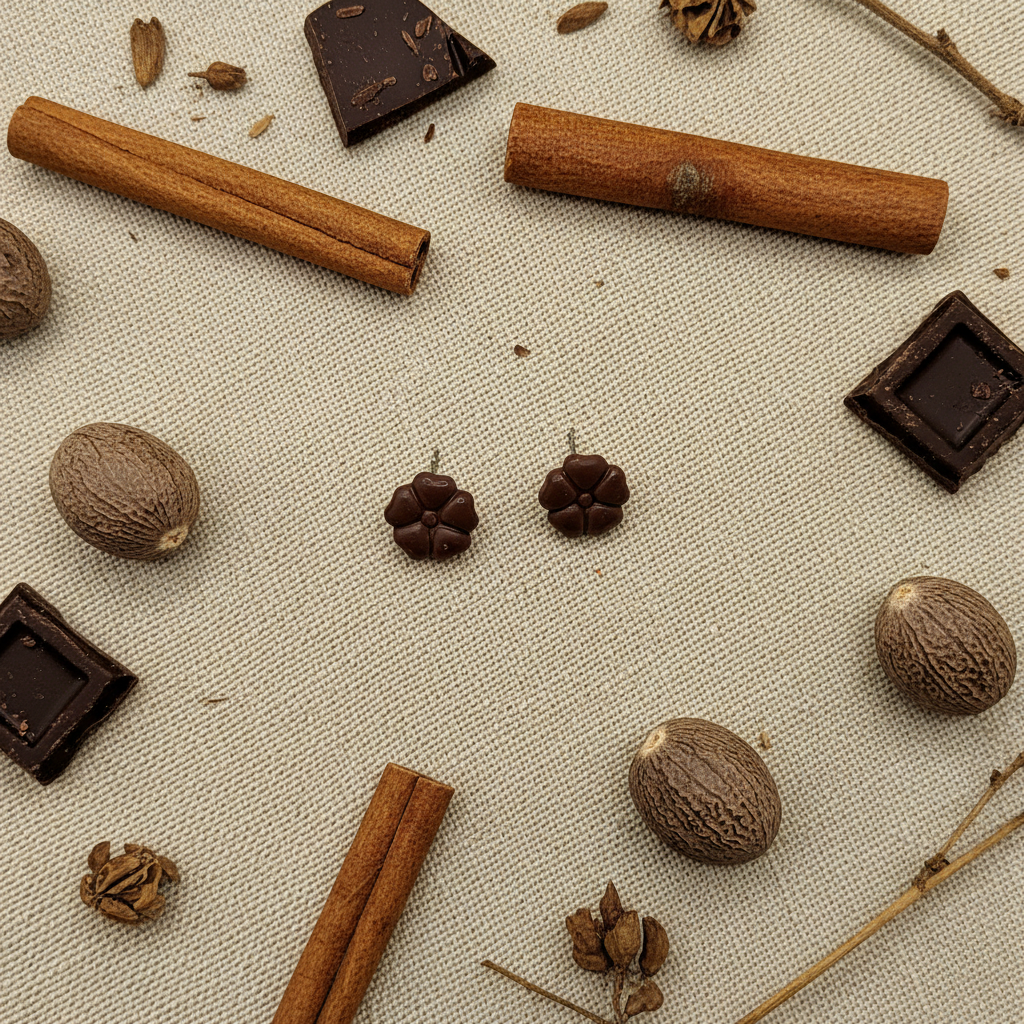 Blossom Studs in Hot Chocolate flat lay with cinnamon sticks, nutmeg and dark chocolate pieces on warm linen, handmade polymer clay earrings from Crafty Larder's Harvest & Dusk Collection