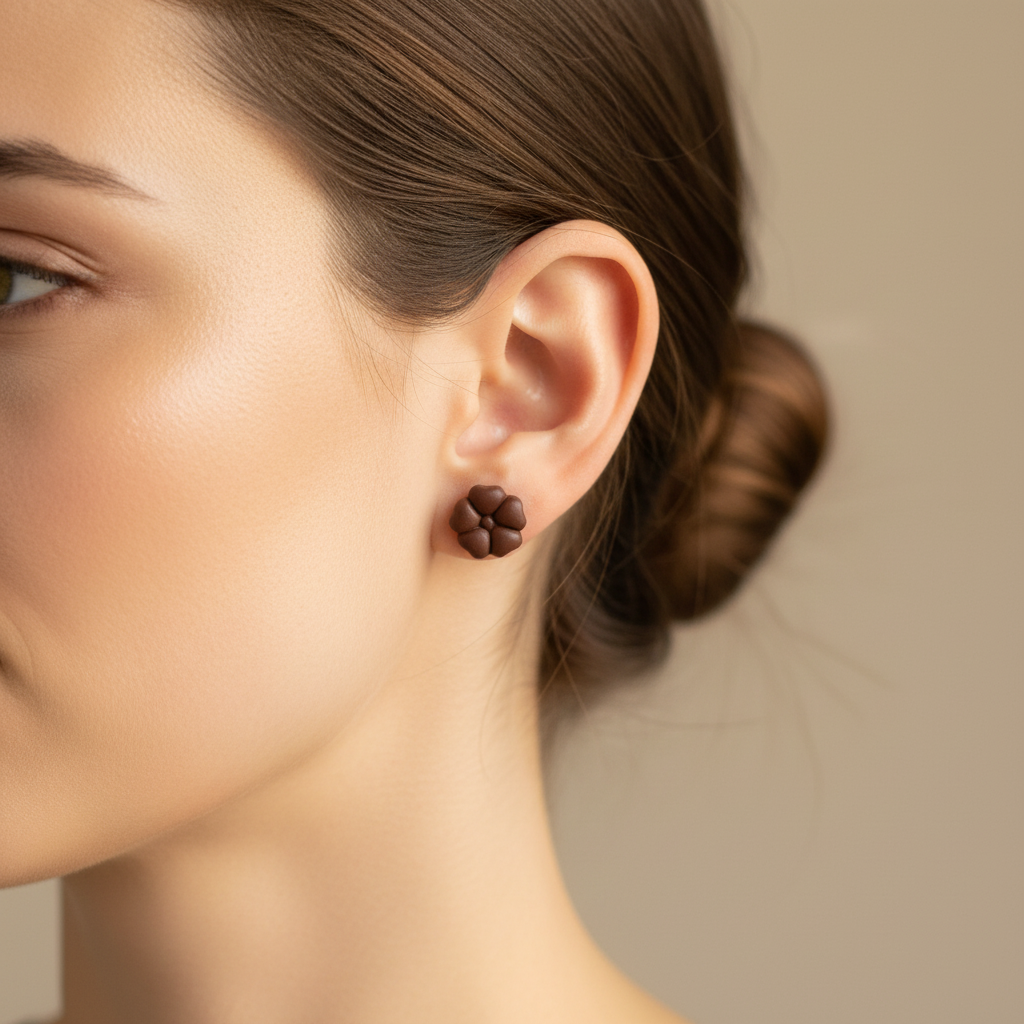 Woman wearing Blossom Studs in Hot Chocolate, deep rich cocoa brown polymer clay 5-petal flower studs, handcrafted in New Zealand by Crafty Larder