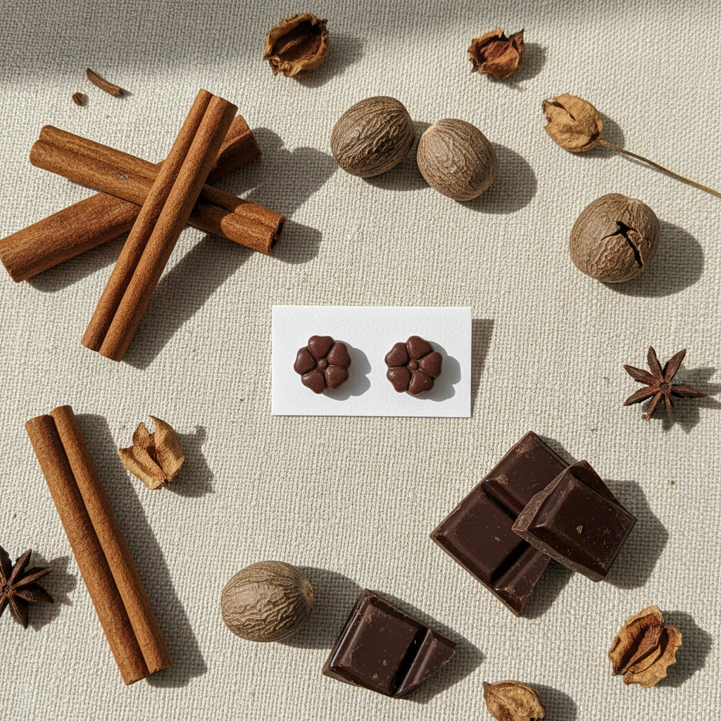 Blossom Studs in Hot Chocolate — handmade polymer clay 5-petal flower stud earrings, displayed on white card with cosy cocoa and cinnamon botanical styling, handcrafted in New Zealand by Crafty Larder