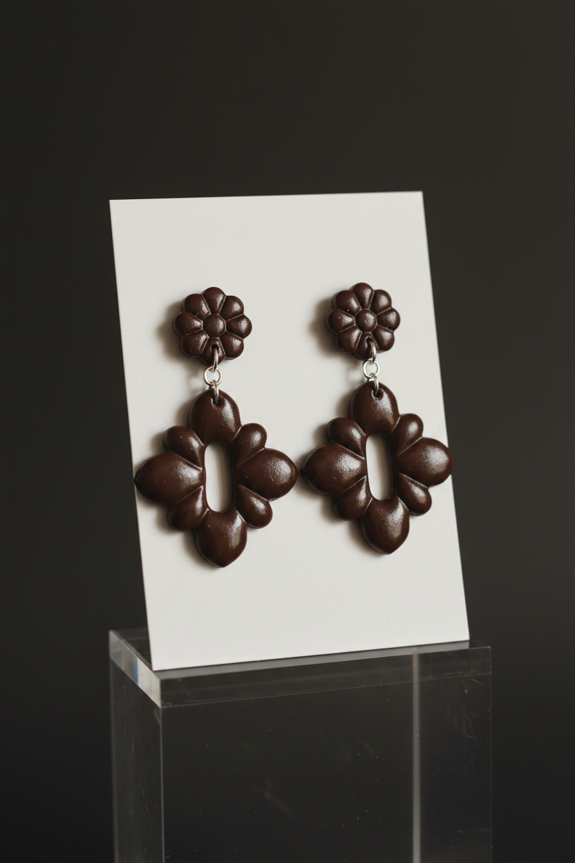 Handmade polymer clay Gerbera Drop Earrings in Hot Chocolate — deep dark chocolate brown gerbera flower stud top with quatrefoil drop, displayed on a plain white jewellery card on a clear acrylic stand