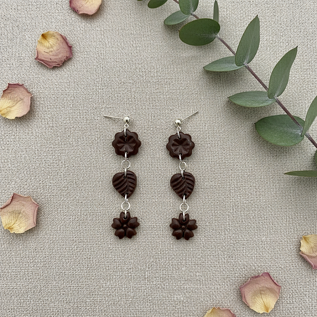Flat lay of Crafty Larder Botanical Trio Earrings in Hot Chocolate on warm grey linen with eucalyptus — handmade polymer clay three-tier flower, leaf & flower drop earrings in deep dark chocolate brown