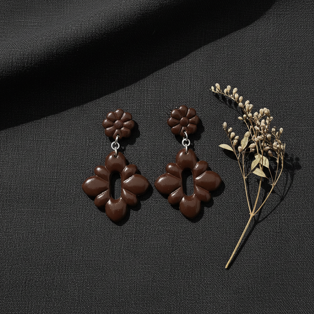 Flat lay of Crafty Larder Gerbera Drop Earrings in Hot Chocolate on a dark moody surface with dried botanicals — handmade polymer clay dangle earrings in deep dark chocolate brown
