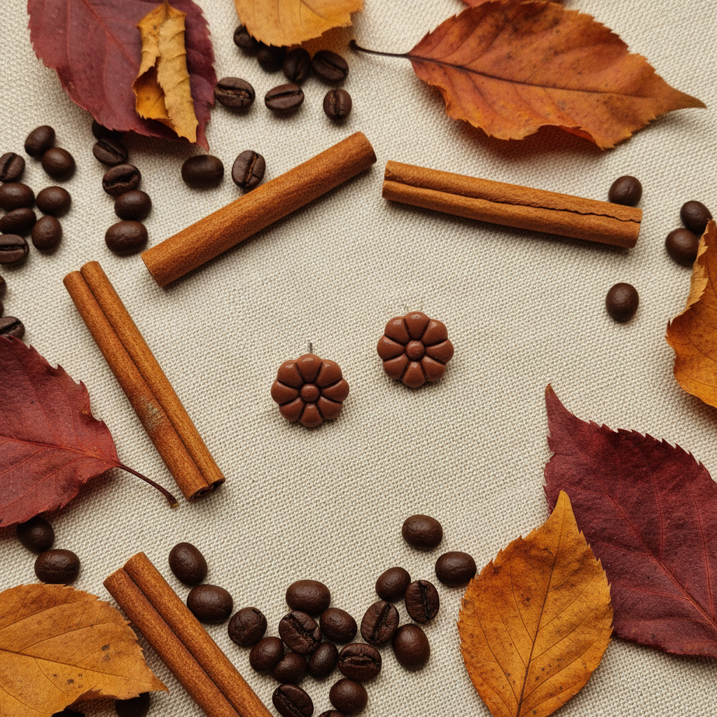 Dahlia Studs in Hot Chocolate flat lay with cinnamon sticks and coffee beans on warm linen, handmade polymer clay earrings from Crafty Larder's Harvest & Dusk Collection